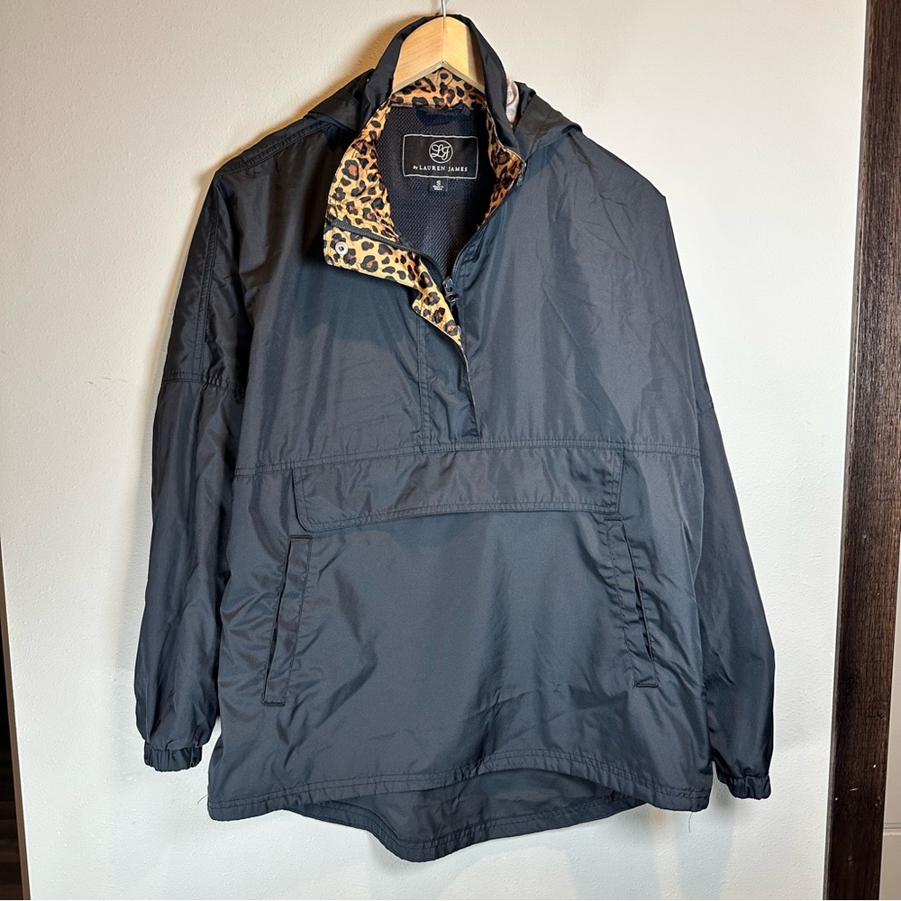 Lauren James Black Windbreaker Leopard Animal Print Hooded Rain Outdoor Jacket
